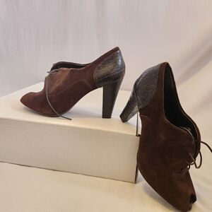 Vintage Nickels Suede Leather Peep Toe Pumps Alligator Embossed Heels Size 9